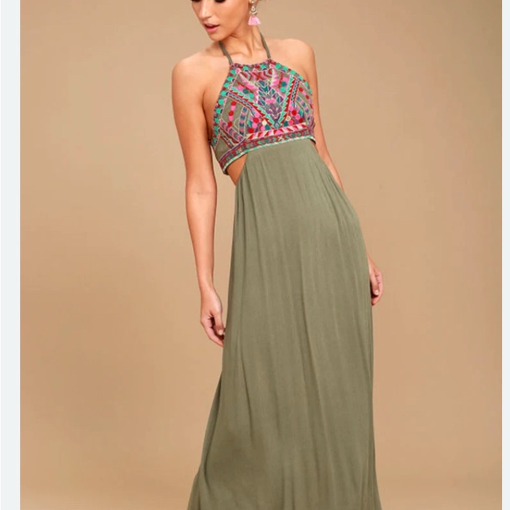 Embroidered Halter Maxi Dress - Olive Green